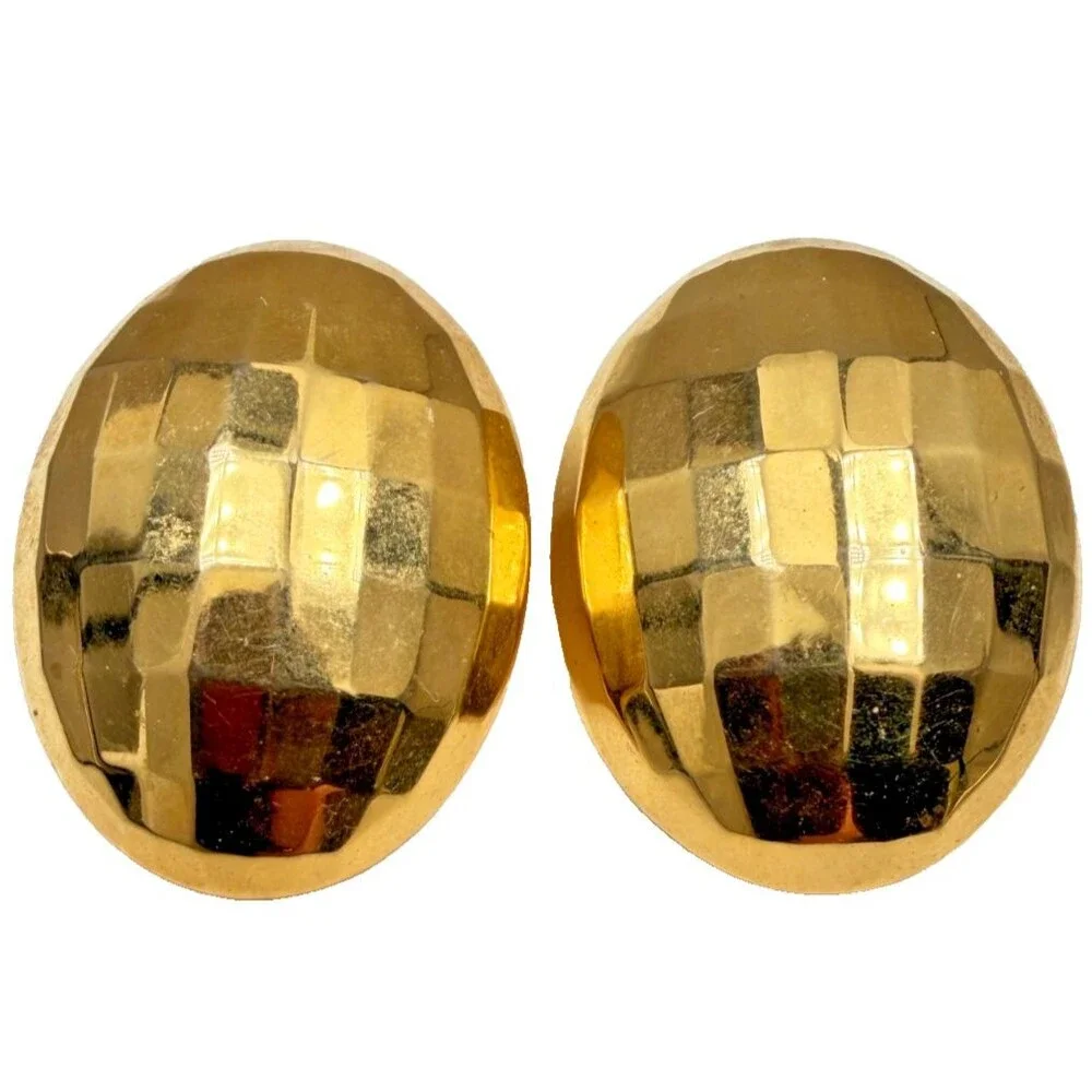 Vintage 1980s Gold Tone Faceted Oval Dome Earrings Bold Minimalist Disco Runway